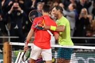 Novak Djokovic (L) and Rafael Nadal pictured at the 2022 French Open